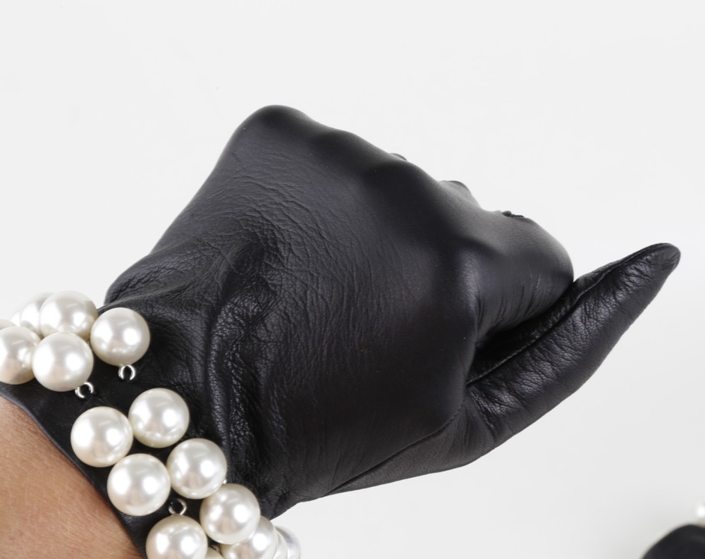 Tally B. Vintage Black Leather Triple Pearl Bead Fringe Gloves Silk Lined Size 8